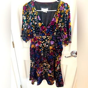 Anthropologie velvet/velour v-neck knee-length floral dress empire waist size 2
